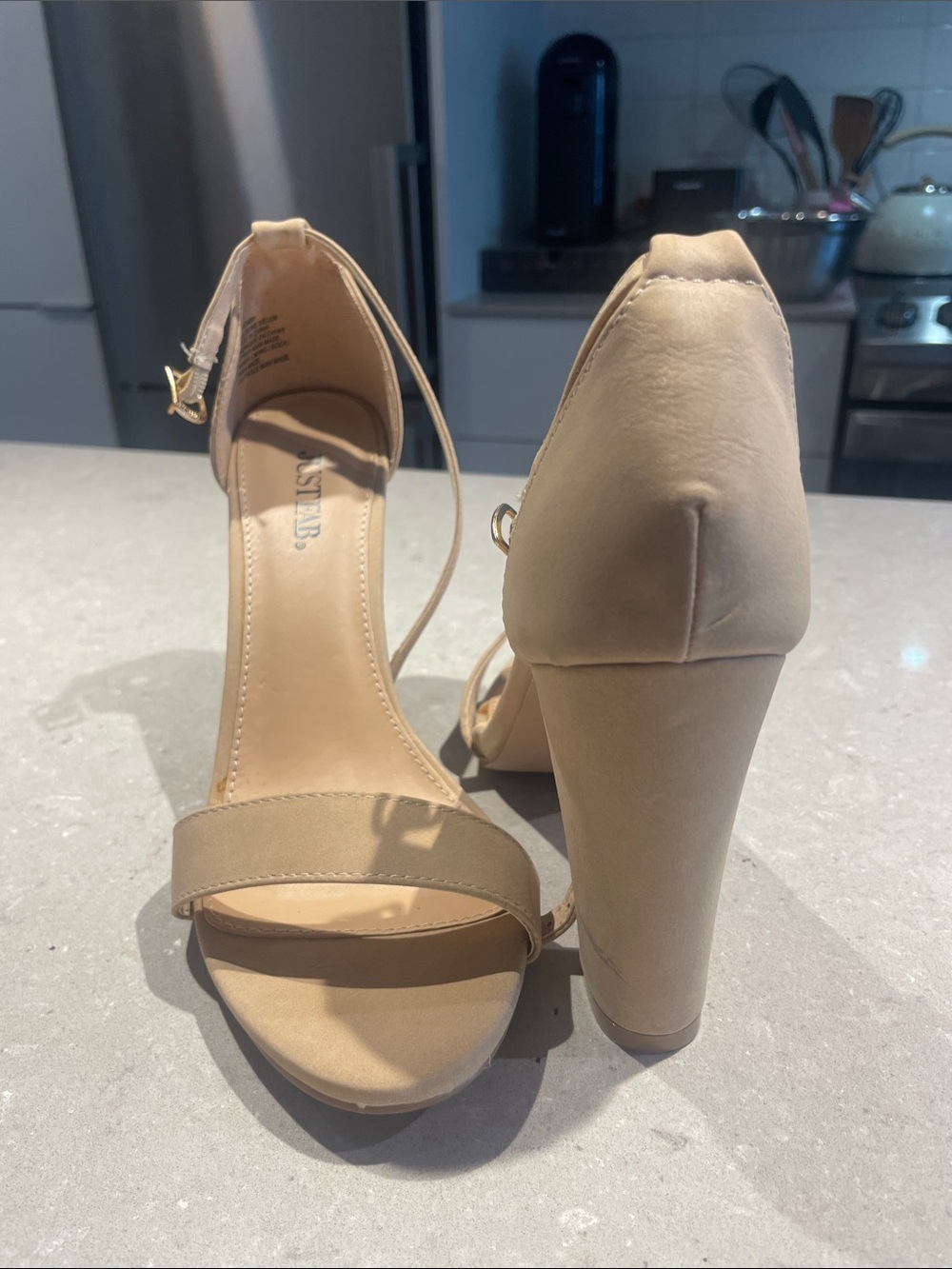JustFab Taupe Ankle-Strap Block Heel Sandals